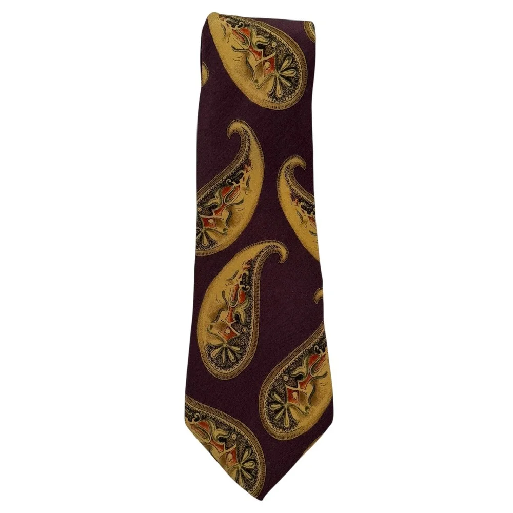 BRANDINI Men's Paisley Necktie Plum Gold Accents Business Career A20Q